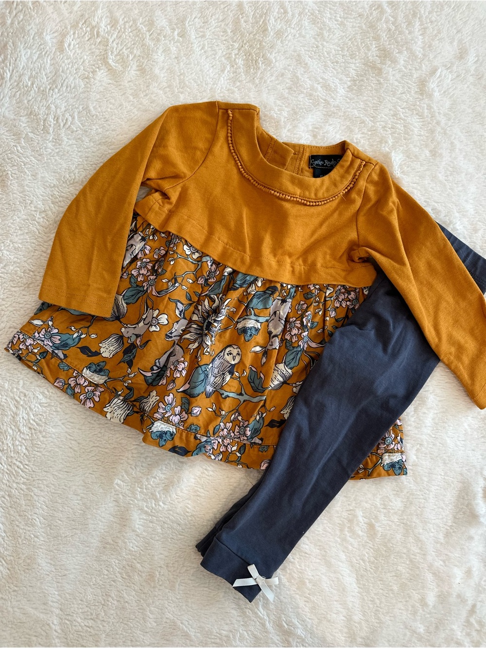 Cynthia Rowley Mustard Floral & Navy Two-Piece Long Sleeve Set